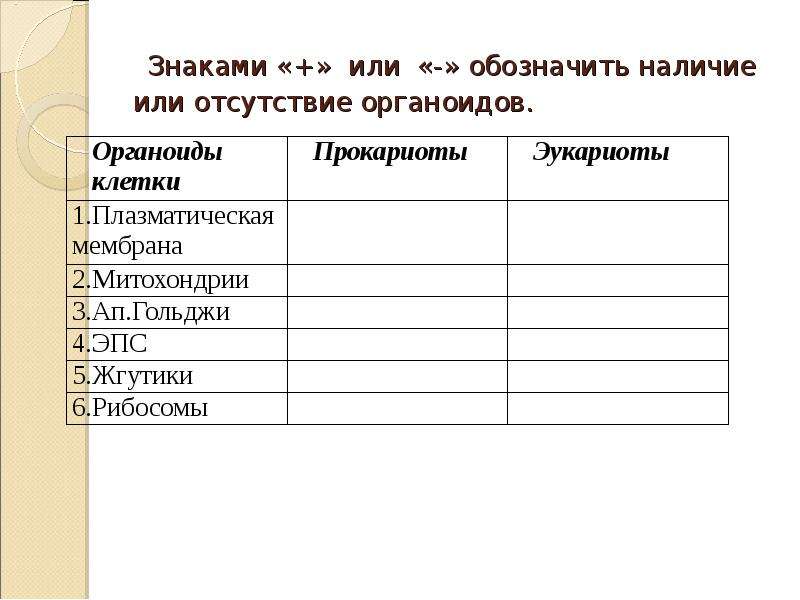 Наличие означающего. Знаками «+» или «-» обозначить наличие или отсутствие органоидов.. Органоиды простейших таблица. Отсутствие и наличие органоидов. Знаками плюс или минус обозначить наличие органоидов.