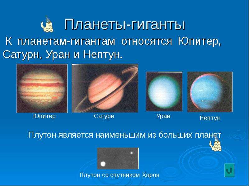 Планеты-гиганты К планетам-гигантам относятся Юпитер, Сатурн, Уран и Нептун.