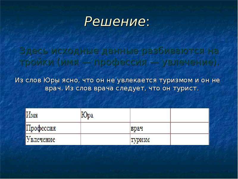 Табличное решение задач. Табличное решение логических задач 7 класс. Решение логических задач Информатика 7 класс. Логическая задача с профессией и хобби Юра... Табличное решение задачи про дракона.