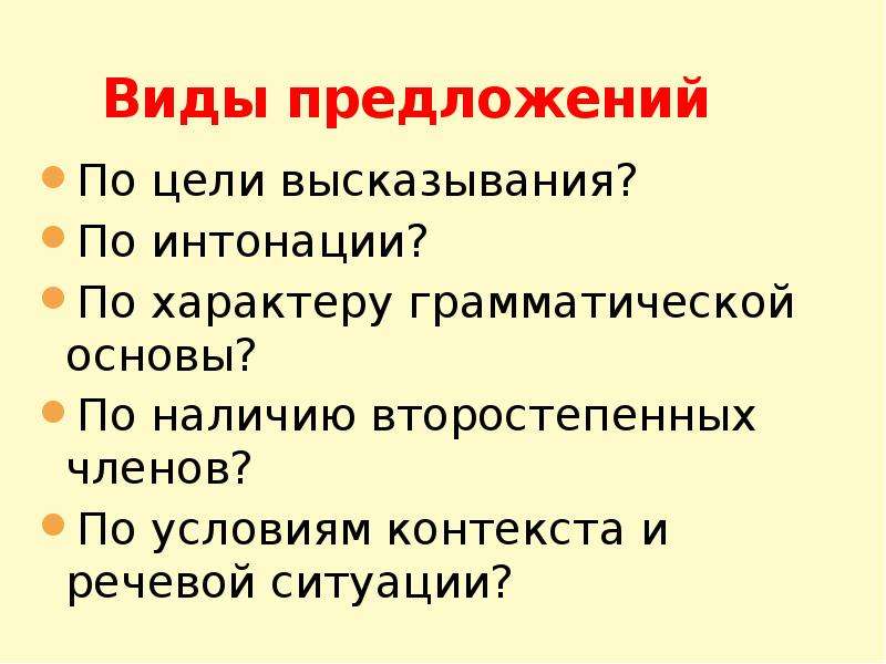 Виды предложений по наличию второстепенных. Предложения по характеру грамматической основы. Виды предложений по наличию второстепенных членов предложения. Виды предложений по наличию грамматических основ. Предложения по условиям контекста и речевой ситуации.