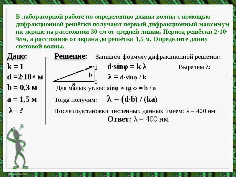 Как определить длину волны. Формула нахождения периода дифракционной решетки. Период дифракционной решётки определяется по формуле. Период дифракционной решетки формула. Формула для расчета длины волны дифракционная решётка.