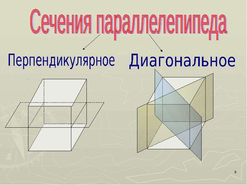 Перпендикулярное сечение. Диагональное сечение параллелепипеда. Диагональное сечение прямоугольного параллелепипеда. Перпендикулярное сечение параллелепипеда.