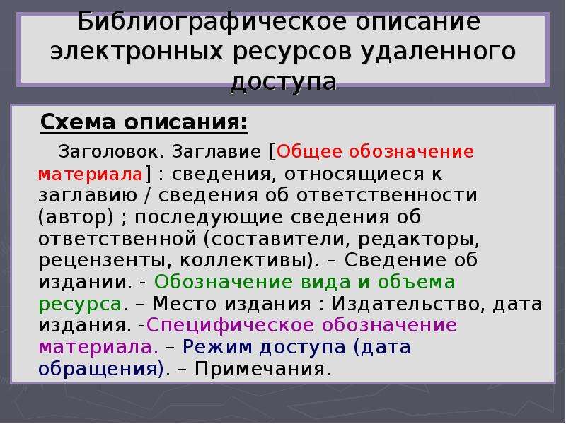 Ответственный редактор. Библиографическое описание ресурсов удаленного доступа. Библиографическое описание Эл ресурса удалённого доступа. Основное заглавие ресурса. Описание удалённых ресурсов.