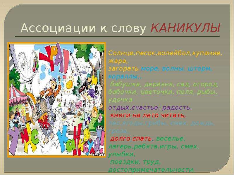 Ассоциации со словом. Слова ассоциации. Каникулы ассоциации к слову. Слова ассоциации к слову. Словарное слово каникулы.