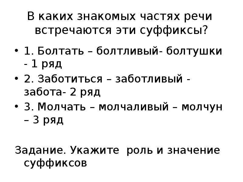 Знакомые части. Молчун часть речи. Знакомо часть речи. Какой части речи слово болтливо. Болтливый суффикс слова.