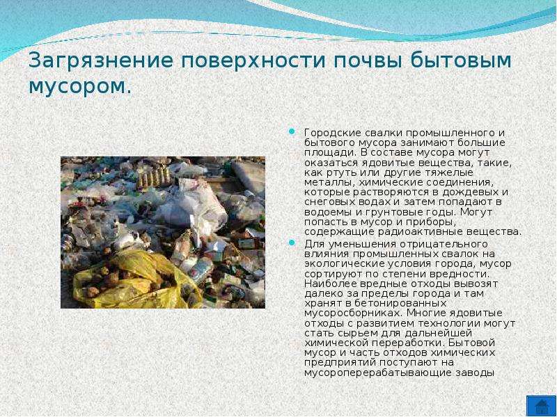 Загрязнение поверхности почвы бытовым мусором. Городские свалки промышленного и бытового мусора зани