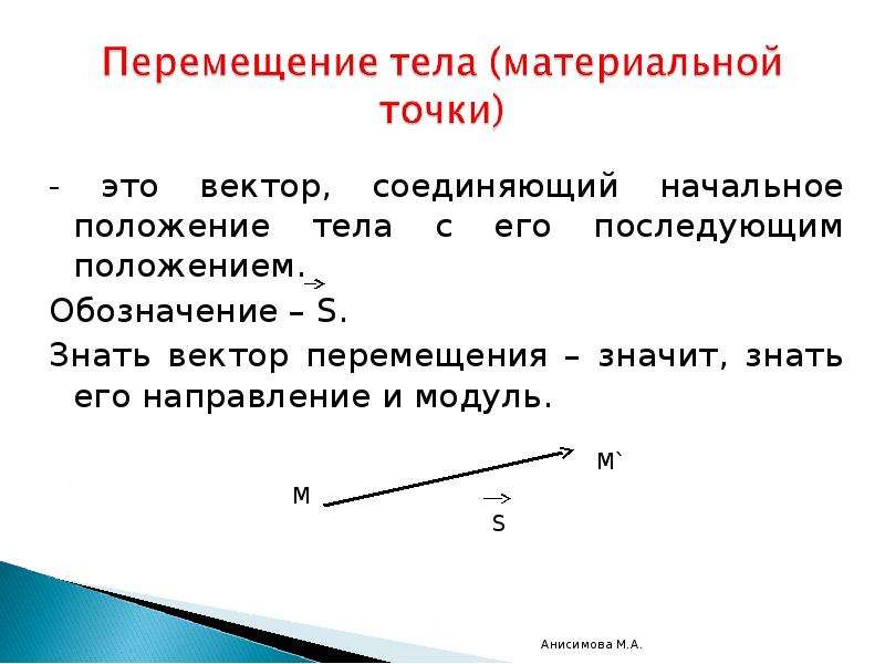 2 перемещение. Вектор, соединяющий начальное положение тела с его последующим.. Перемещение материальной точки. Вектор соединяющий начальное. Перемещение вектор перемещения.