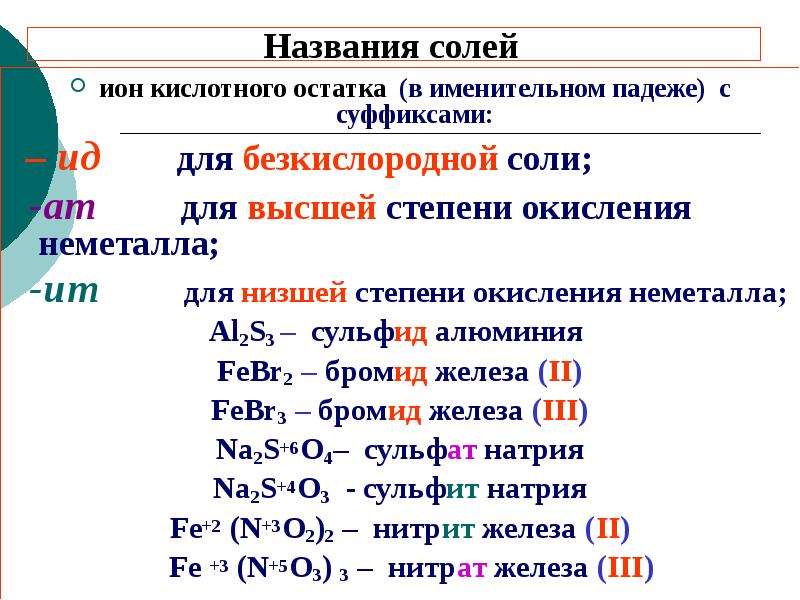 Соль какой класс солей. Суффикс АТ В химии. Соли названия солей. Окончания ИД ИТ АТ В химии. Название солей в химии.