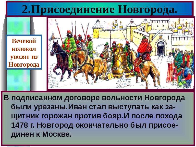 2. Присоединение Новгорода. В Новгороде население разделилось на сторон- ников и противников Москвы.