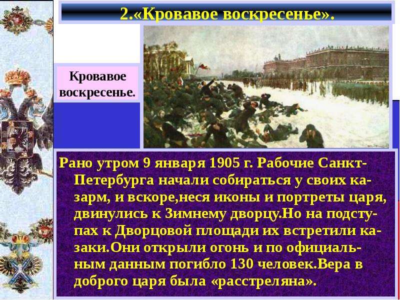 2. «Кровавое воскресенье». Рано утром 9 января 1905 г. Рабочие Санкт-Петербурга начали собираться у