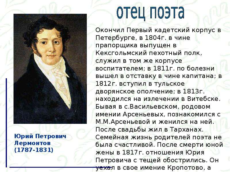 Про семью лермонтова. Семья м ю Лермонтова. Предки Лермонтова. Отец Лермонтова.