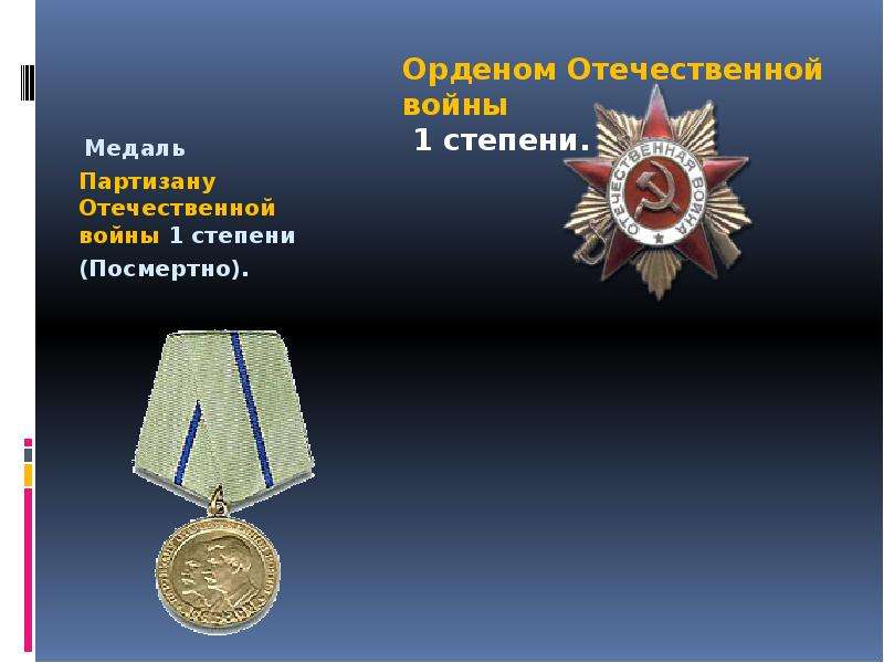 Медаль Партизану Отечественной войны 1 степени (Посмертно).