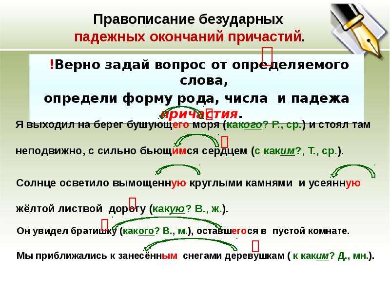 Презентация склонение причастий и правописание гласных в падежных окончаниях причастий 7 класс