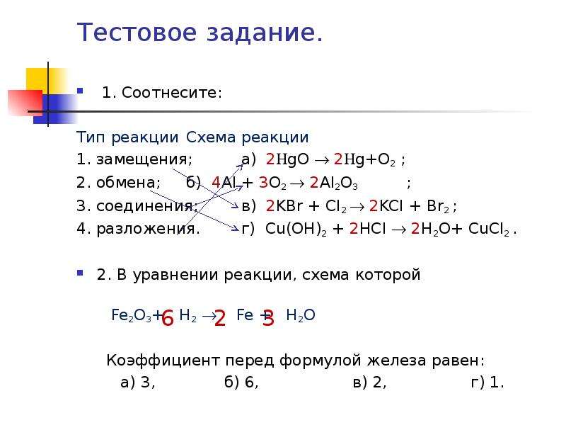 Установите соответствие между типом и схемой химической реакции разложения замещения обмена