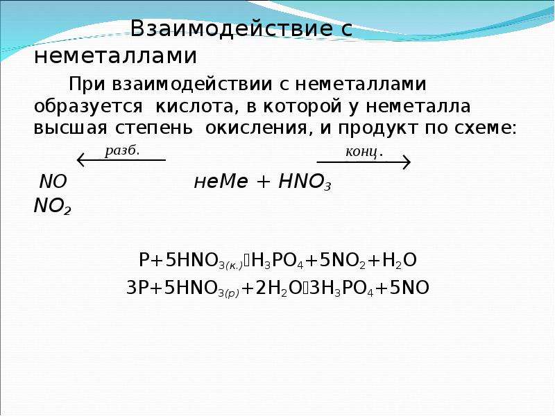 Реакция hno3 с основаниями. Взаимодействие концентрированной азотной кислоты с неметаллами. Взаимодействие азотной кислоты с неметаллами. Взаимодействие серной кислоты с неметаллами таблица. Взаимодействие разбавленной азотной кислоты с неметаллами.