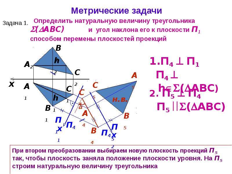 Способ треугольника. Определить натуральную величину треугольника АВС. Метрические задачи. Основные метрические задачи. Проекция плоскости на плоскость.