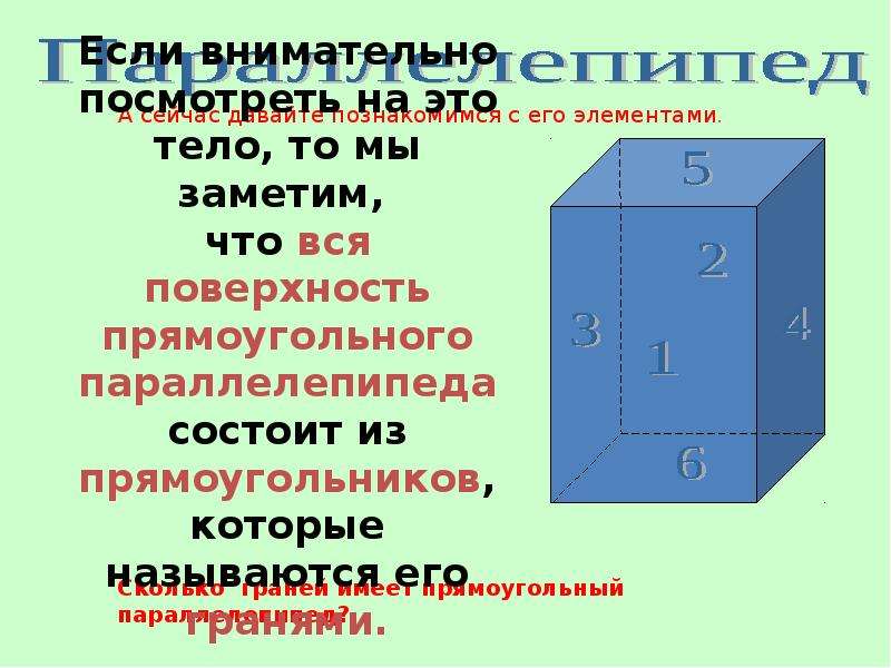 Измерения прямоугольного параллелепипеда 1 1 2. Презентация на тему параллелепипед. Сколько граней имеет прямоугольный паралле. Поверхность параллелепипеда состоит. Первое свойство параллелепипеда.