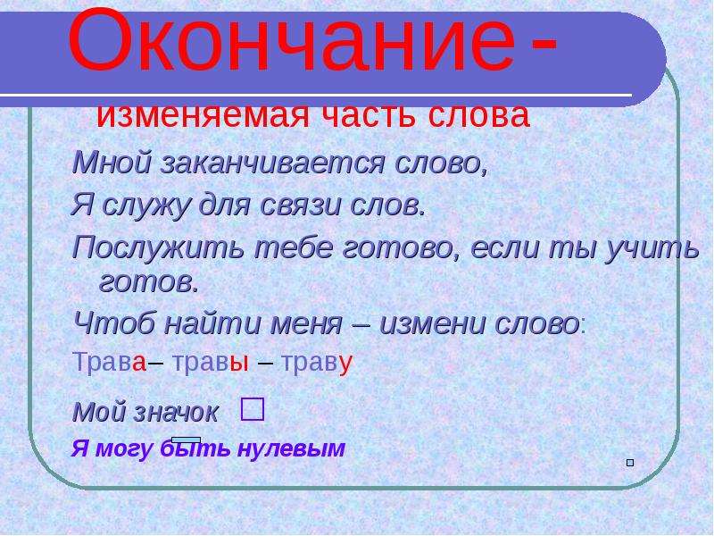 Что такое окончание 2 класс. Окончание это изменяемая часть слова. Окончание слова. Окончание часть слова. Окончание в слове словах.