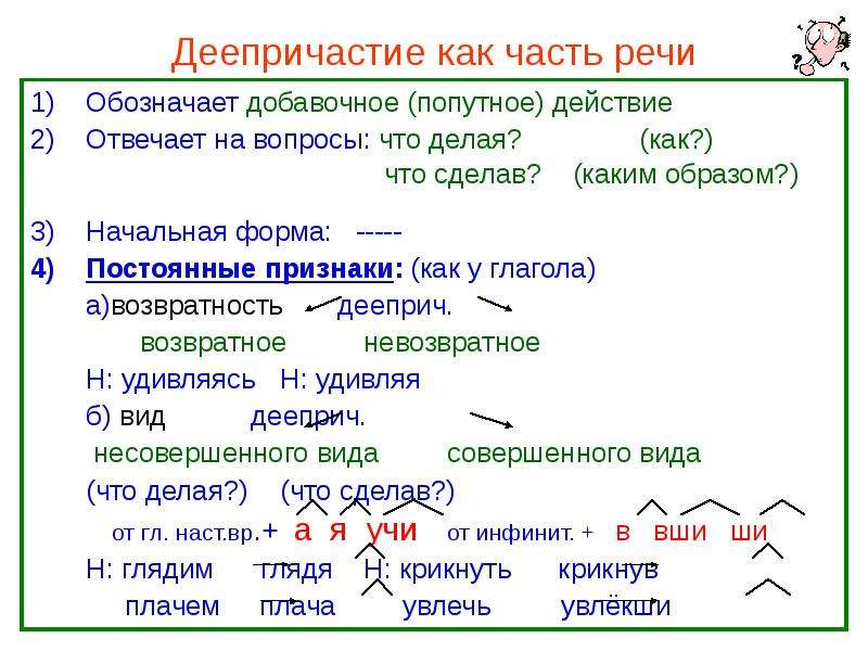 Тест русский язык деепричастия. Деепричастие как часть речи. Деепричастие как часть. Начальная форма деепричастия. Деепричастие 7 класс.