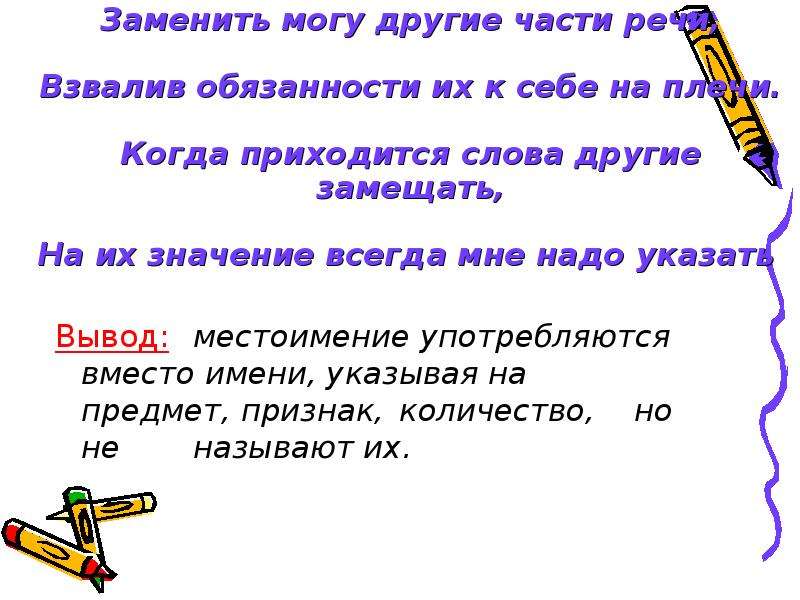 Вместо местоимение. Местоимения вывод. Что обозначает местоимение как часть речи. Личные местоимения употребляются вместо чего. Местоимение употребляется вместо других частей речи.