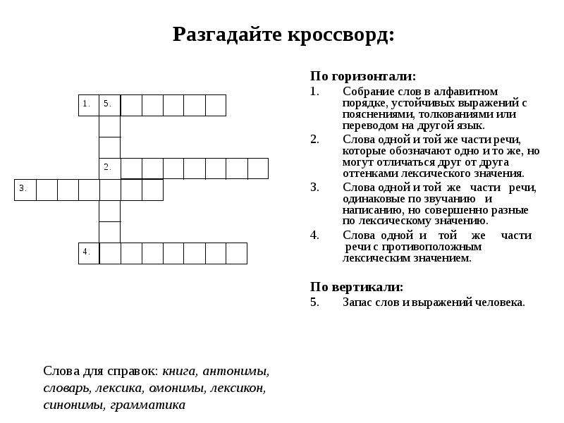 Кроссворд лексикология 5 класс