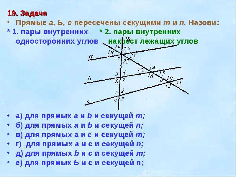 Прямая пересекающая угол. Задачи с параллельными прямыми и секущей. Задачи с односторонними углами. Задачи на накрест лежащие углы. Углы при параллельных прямых и секущей задачи.