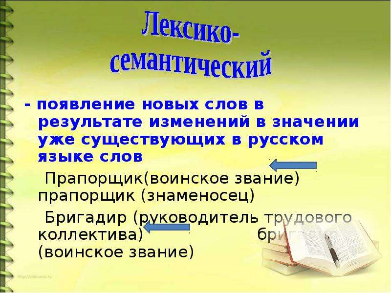 - появление новых слов в результате изменений в значении уже существующих в русском языке слов Прапо