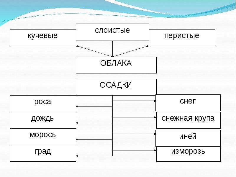 Составь в тетради схему виды атмосферных осадков