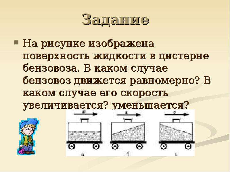 Какие движения изображены на рисунках. На рисунке изображена поверхность жидкости в цистерне. На рисунке изображена поверхность жидкости. Инерция и инертность задания. На рисунках изображены поверхности жидкости в цистерне бензовоза.