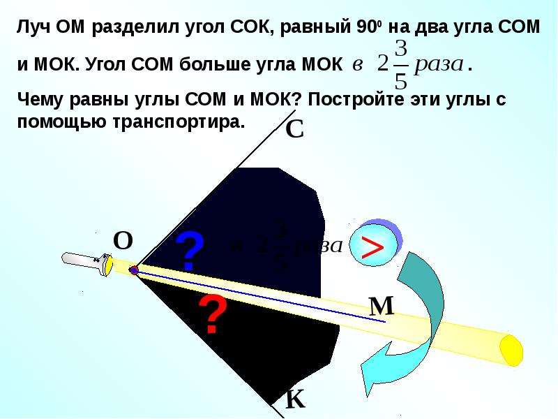 Проведите луч ом. Луч разбивает угол. Луч ом разделил угол сок равный 90 градусов на два угла сом и МОК. Деление лучиками. Разделяющий Луч.