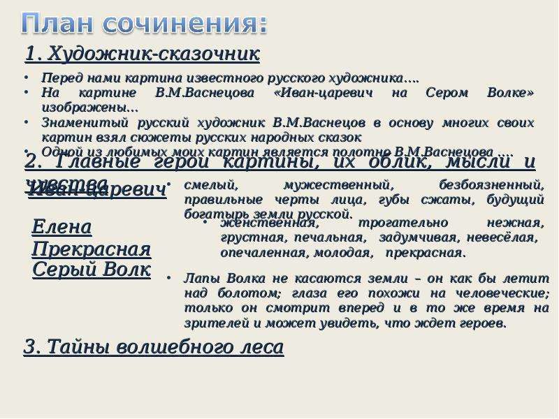 Сочинение по картине иван царевич на сером волке 4 класс по русскому языку