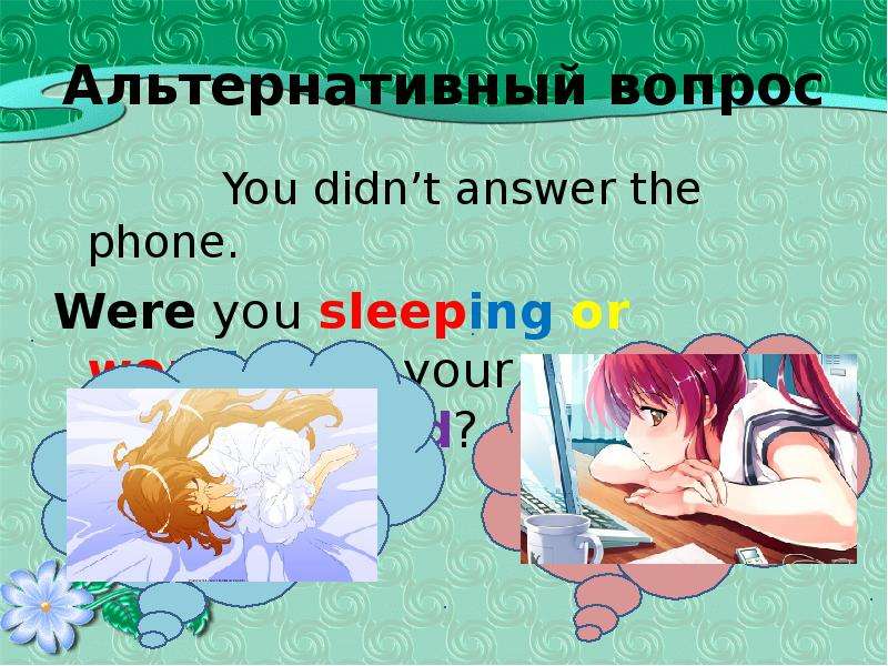 Альтернативный вопрос You didn’t answer the phone. Were you sleeping or working on your computer whe