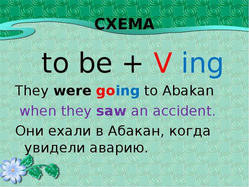 СХЕМА to be + V ing They were going to Abakan when they saw an accident. Они ехали в Абакан, когда у