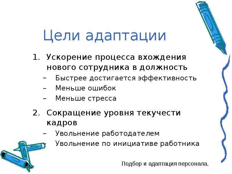 Цели адаптации. Подбор и адаптация персонала. Ускорение адаптации.