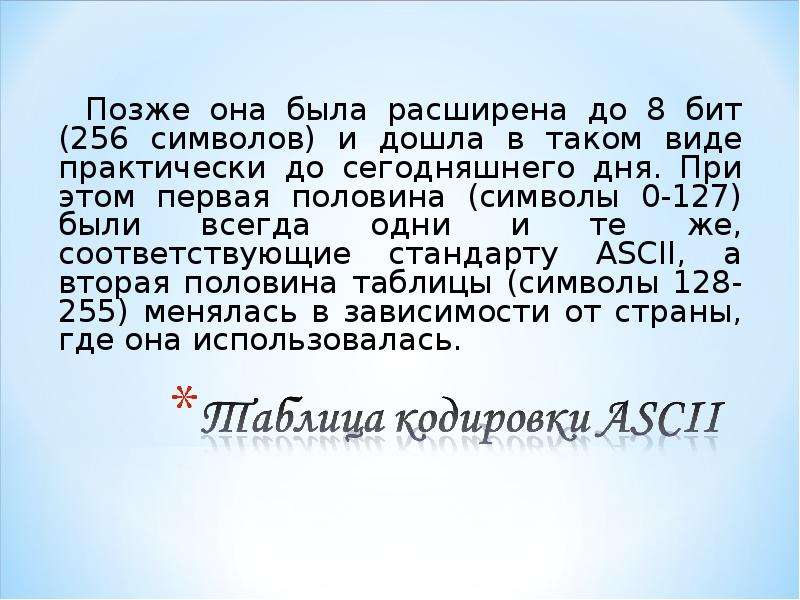 Для записи текста использовался 256 символьный. 256 Бит.