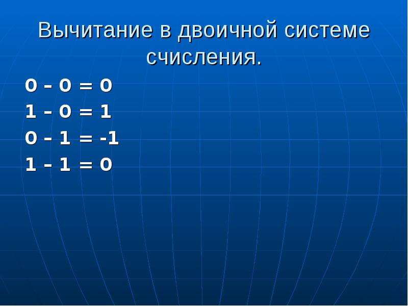 Вычитание в двоичной системе счисления. 0 – 0 = 0 1 – 0 = 1 0 – 1 = -1 1 – 1 = 0