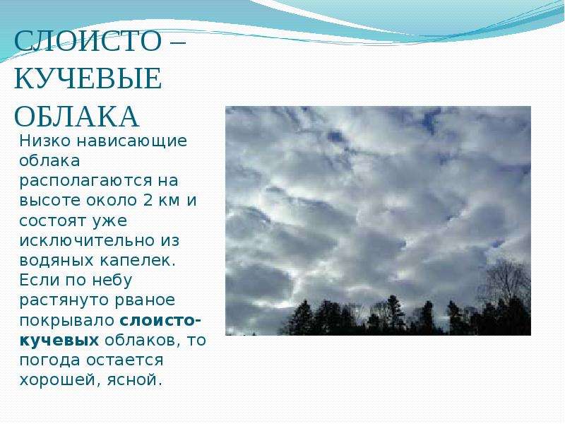 СЛОИСТО – КУЧЕВЫЕ ОБЛАКА Низко нависающие облака располагаются на высоте около 2 км и состоят уже ис