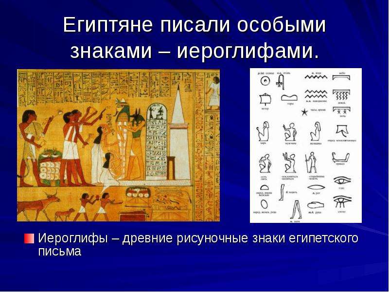 Египтяне писали особыми знаками – иероглифами. Иероглифы – древние рисуночные знаки египетского пись
