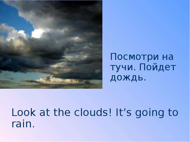 Look at those clouds it snow. Going to Rain. Туча на английском. It is going to Rain. It is going to be Rainy.