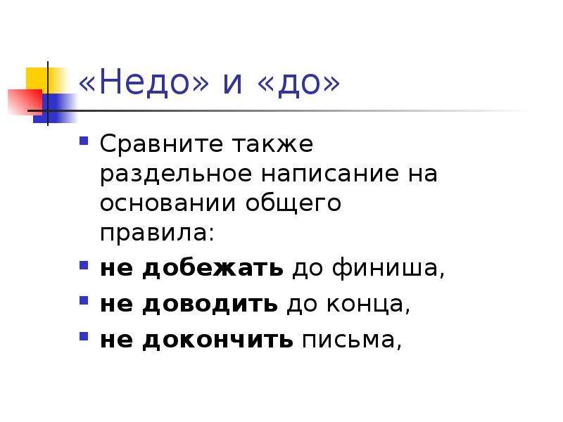 Также сравнение. Недо правило. Правила недо и не до. Недо конца. Недо с глаголами правило.