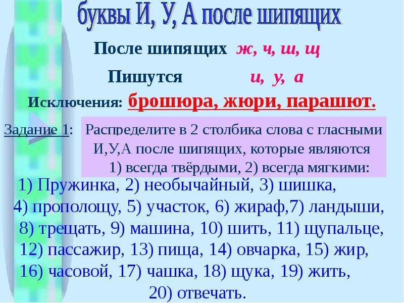 После 3 ч. Буквы и у а после шипящих. Буквы и у а после шипящих исключения. Буквы и у а после шипящих правило. Буква ю после шипящих.