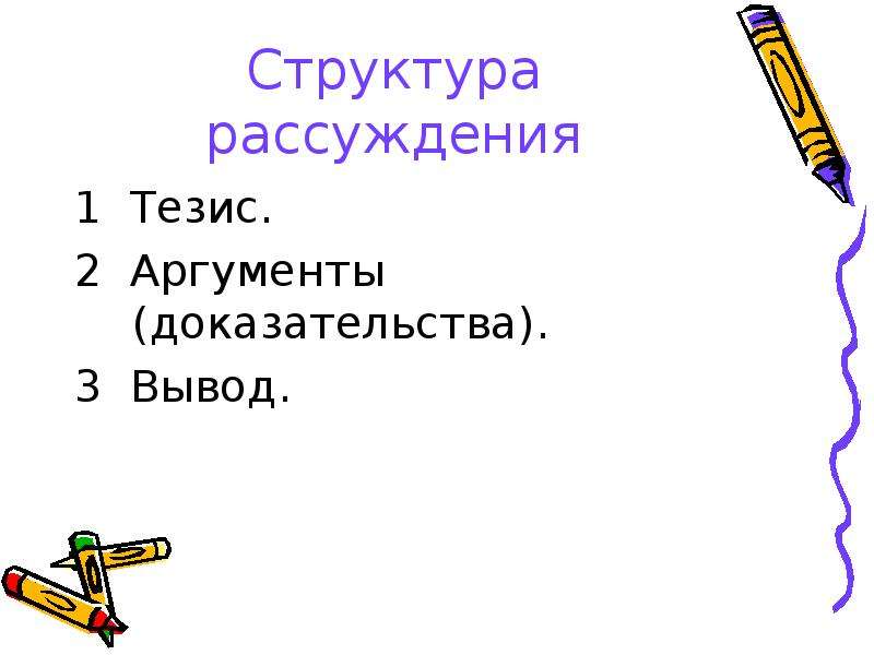 Структура рассуждения. 1 Тезис 2 доказательство 3 вывод.