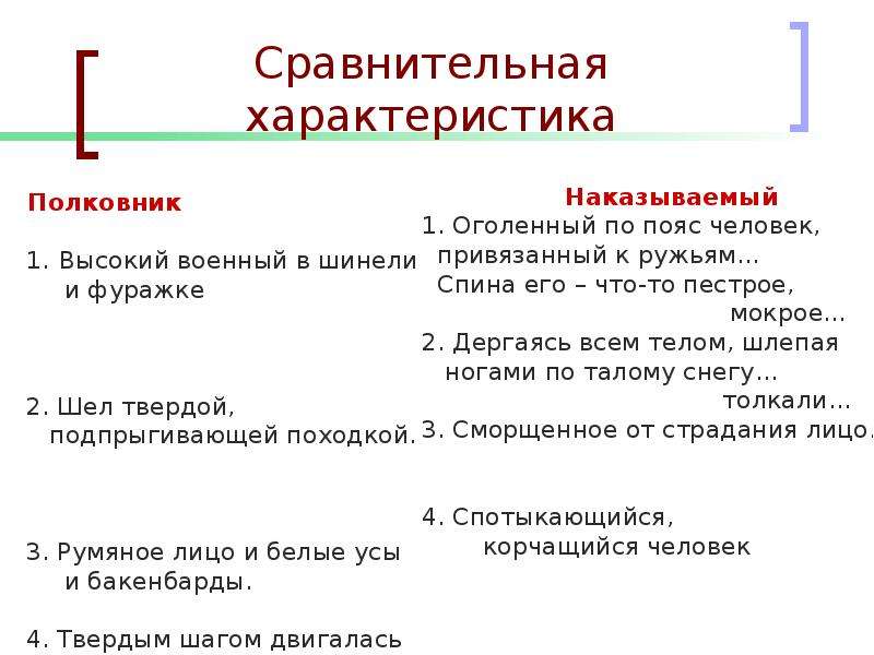 Характеристика полковника из рассказа. Сравнительная характеристика полковника и наказуемого. Сравнительная характеристика полковника. Таблица описание полковника и наказываемого. Характеристика полковника.