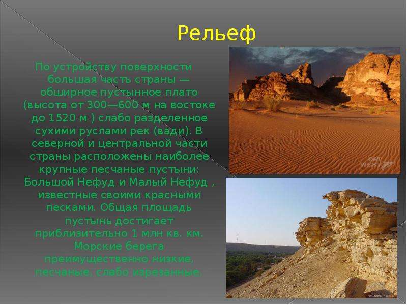 Рельеф По устройству поверхности большая часть страны — обширное пустынное плато (высота от 300—600