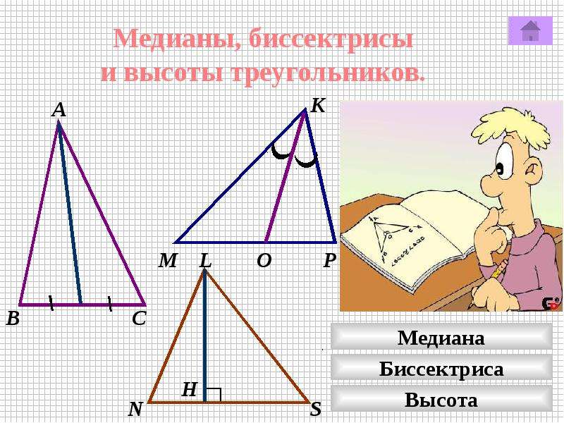 Треугольник биссектриса медиана высота рисунок. Медиана биссектриса и высота треугольника. Биссектриса Медиана высота. Медиана и биссектриса треугольника. Высота,медиан,биссектриса осроугольника.
