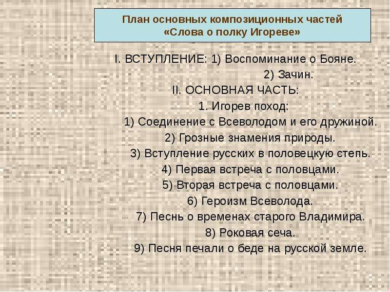 В каком году происходят события слово. Слово о полку Игореве план. План слово о полку Игоря. План произведения слово о полку Игореве. Слово о полку Игореве пла.