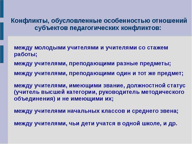 Учет психолого педагогических особенностей. Особенности педагогического конфликта. Особенности педагогических конфликтов между педагогами. Психологические особенности партнера. Субъекты педагогического конфликта.