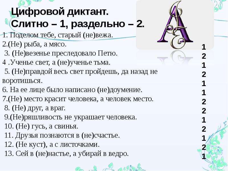 Не со словом слитно. Цифровой диктант поделом тебе старый (не)Вежа. Цифровой диктант 9 класс. Цифровой диктант 1 поделом. Не с существительными диктант.