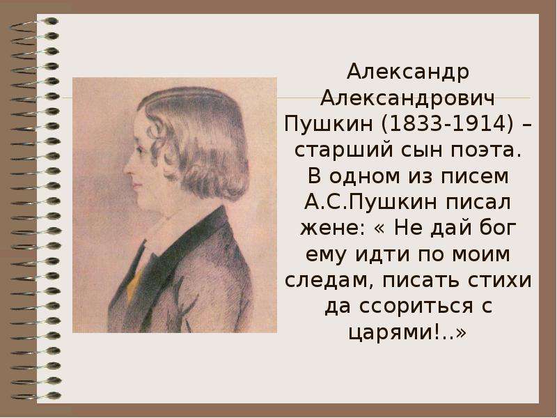 Александр Александрович Пушкин (1833-1914) – старший сын поэта. В одном из писем А. С. Пушкин писал
