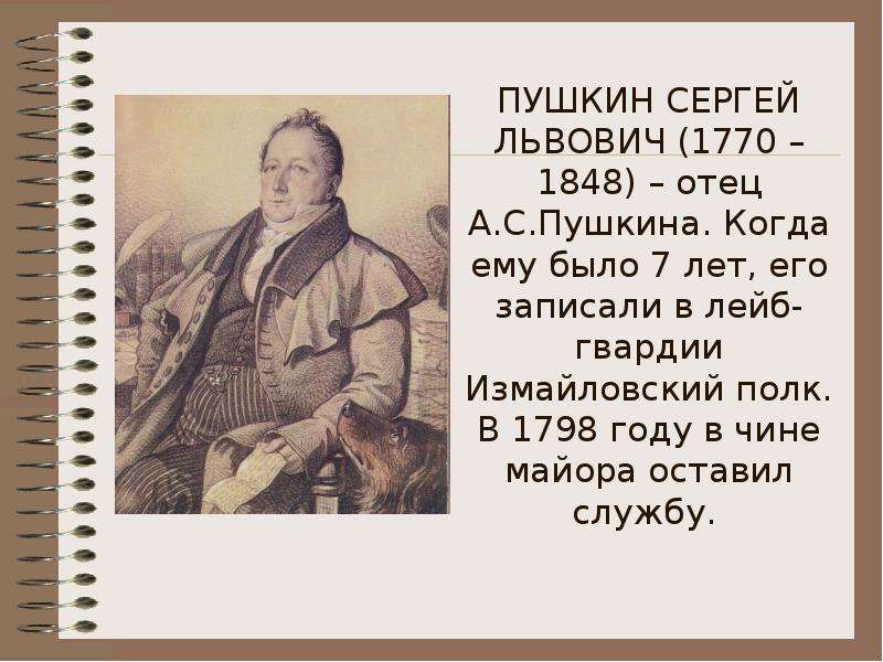 ПУШКИН СЕРГЕЙ ЛЬВОВИЧ (1770 – 1848) – отец А. С. Пушкина. Когда ему было 7 лет, его записали в лейб-